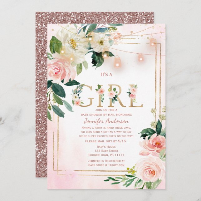 Wasserfarben Glitzer Baby Girl SHOWER BY MAIL Einladung (Vorne/Hinten)