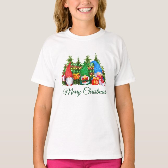 Wasserfarben Gnomes Grün Frohe Weihnachtsmädchen T-Shirt (Vorderseite)