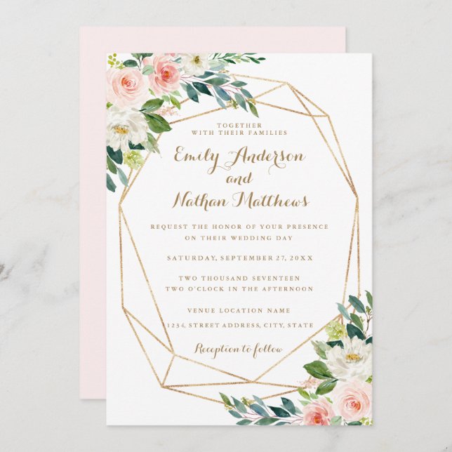 Wasserfarben Goldene Blush Bloral Hochzeit Einladung (Vorne/Hinten)