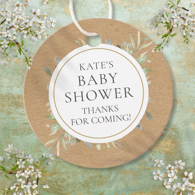 Wasserfarben Grüne Rustikale Kraft Babydusche Geschenkanhänger (Watercolor Greenery Rustic Kraft Baby Shower Favor Tags)