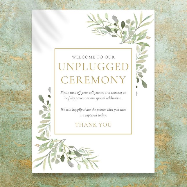 Wasserfarben-Grüne-Zeichen der Zeremonie nicht ang Poster (Watercolor Greenery Unplugged Ceremony Sign)