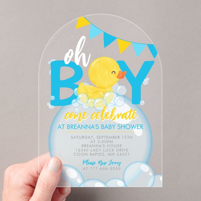 Wasserfarben Gummi Duck Boy Baby Dusche Einzigarti Acryleinladungen (Watercolor Rubber Duck Boy Baby Shower Unique Acrylic Invitations)