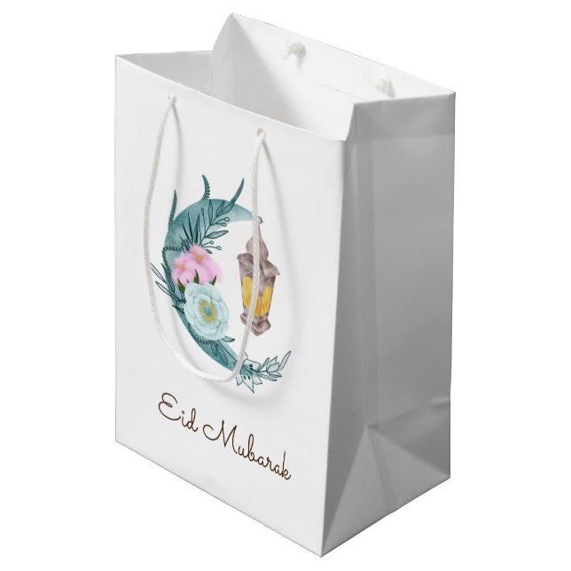 Wasserfarben Halbmond Eid Mubarak Geschenktasche Mittlere Geschenktüte (Vorderseite Schrägansicht)