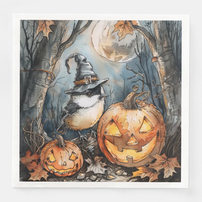 Wasserfarben Halloween-Chickadee für Decoupage Serviette (Vorderseite)
