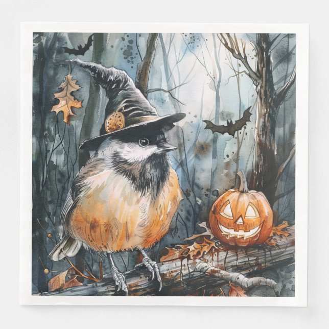 Wasserfarben Halloween-Chickadee für Decoupage Serviette (Vorderseite)