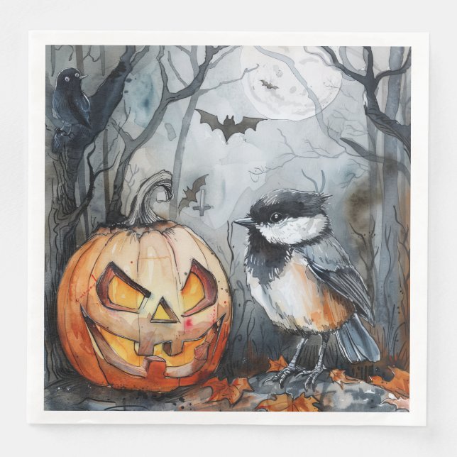 Wasserfarben Halloween-Chickadevogel für Decoupage Serviette (Vorderseite)