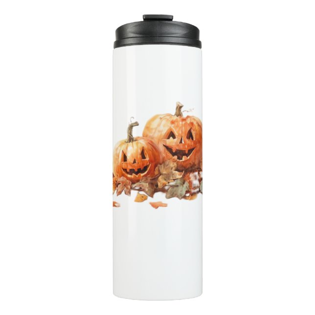 Wasserfarben-Halloween-Kürbis mit Herbstblättern O Thermosbecher (Vorderseite)