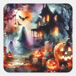 Wasserfarben Halloween Scene House Ghosts Pumpkins Quadratischer Aufkleber