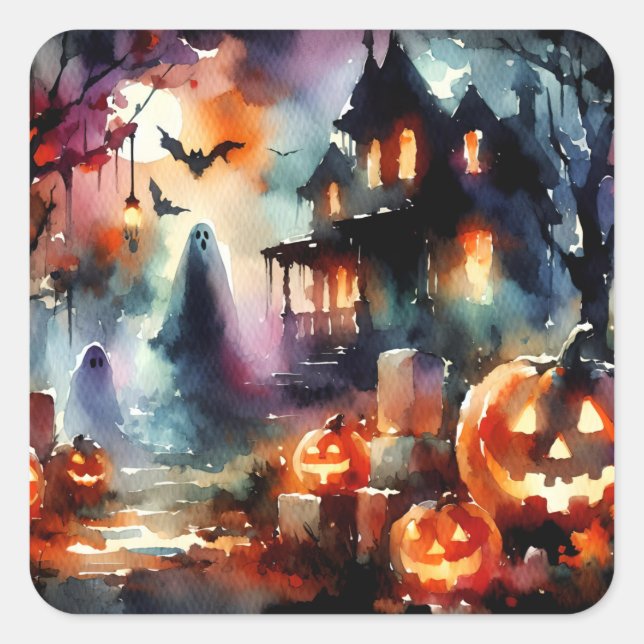Wasserfarben Halloween Scene House Ghosts Pumpkins Quadratischer Aufkleber (Vorderseite)