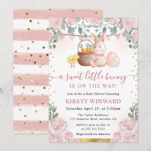Wasserfarben-Hase und rosa Blumen-Baby-Party Einladung