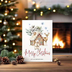 Wasserfarben-Haus aus Lebkuchen, Eisbär & Rentier Feiertagskarte