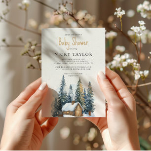 Wasserfarben-Haus Pine Tree Schnee Winter Baby Dus Einladung