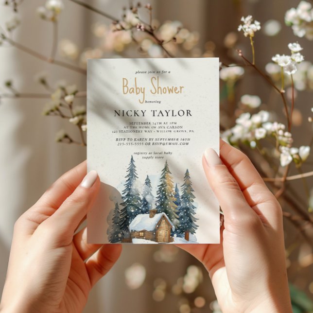 Wasserfarben-Haus Pine Tree Schnee Winter Baby Dus Einladung (Von Creator hochgeladen)