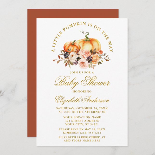 Wasserfarben Herbst Blumenpumpen Baby Dusche Gold Einladung (Vorne/Hinten)