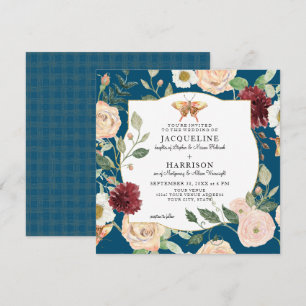 Wasserfarben HerbstBlau in Rose Blumenschmetterlin Einladung