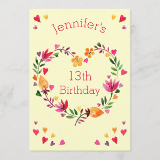 Wasserfarben Herzkranz Mädchen 13. Geburtstag Einladung