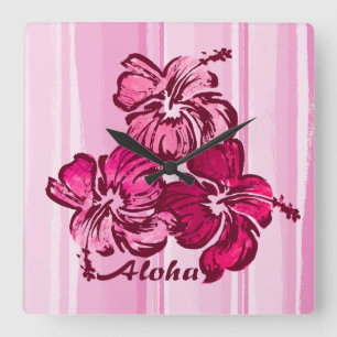 Wasserfarben-Hibiskus-Hawaiianische-Wanduhr Quadratische Wanduhr