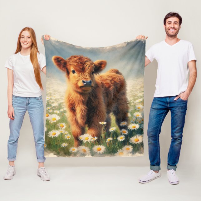 Wasserfarben Hochland Kuh Calf Daisy Field Fleecedecke (Beispiel)