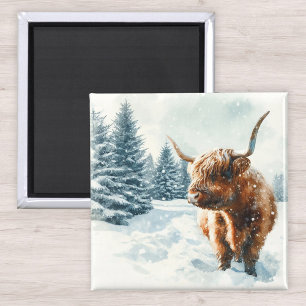 Wasserfarben-Hochland-Kuh-Winterlandschaft Magnet
