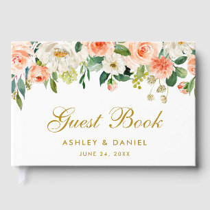 Wasserfarben-Hochzeit Korallen-Blumen Gold Gästebuch