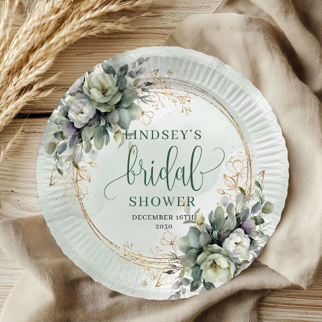 Wasserfarben-Hochzeitsdusche-Papierteller mit Grün Pappteller (Greenery Watercolor Bridal Shower Paper Plates)