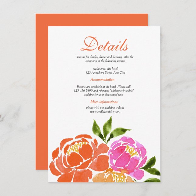 Wasserfarben Hot Pink Orange Blumenzwiebeldetails Begleitkarte (Vorne/Hinten)