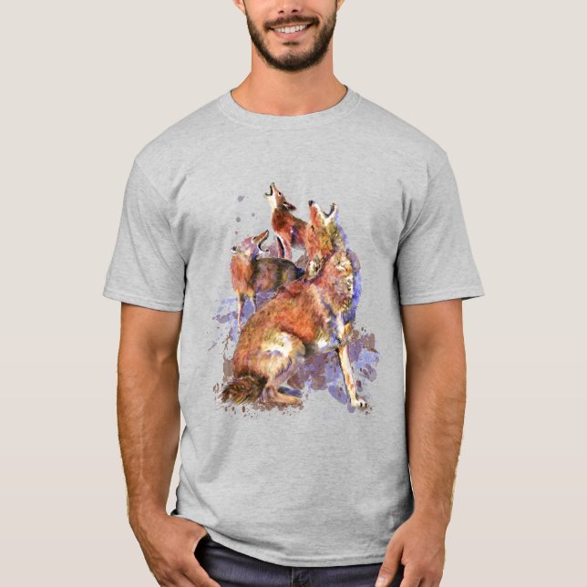 Wasserfarben Howling Coyotes Animal Nature Art T-S T-Shirt (Vorderseite)