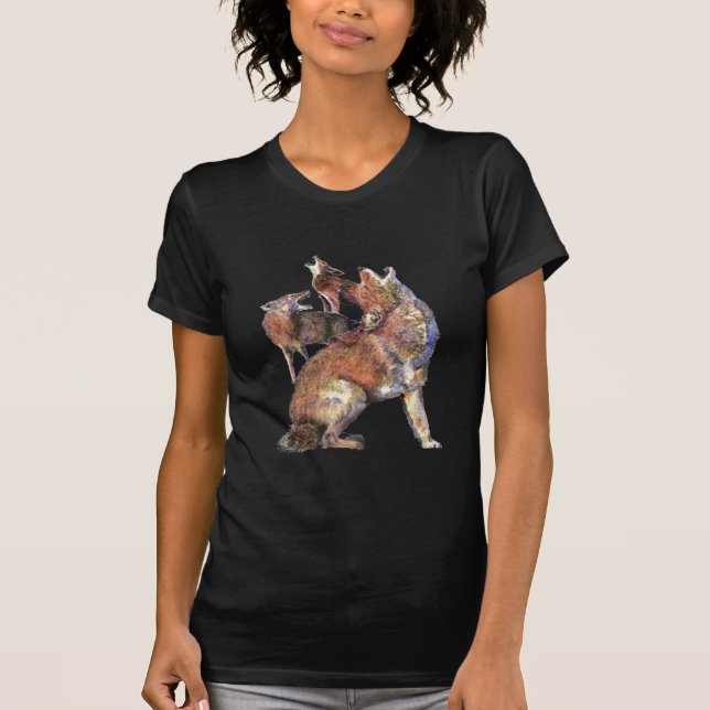 Wasserfarben Howling Coyotes Tierart T-Shirt (Vorderseite)