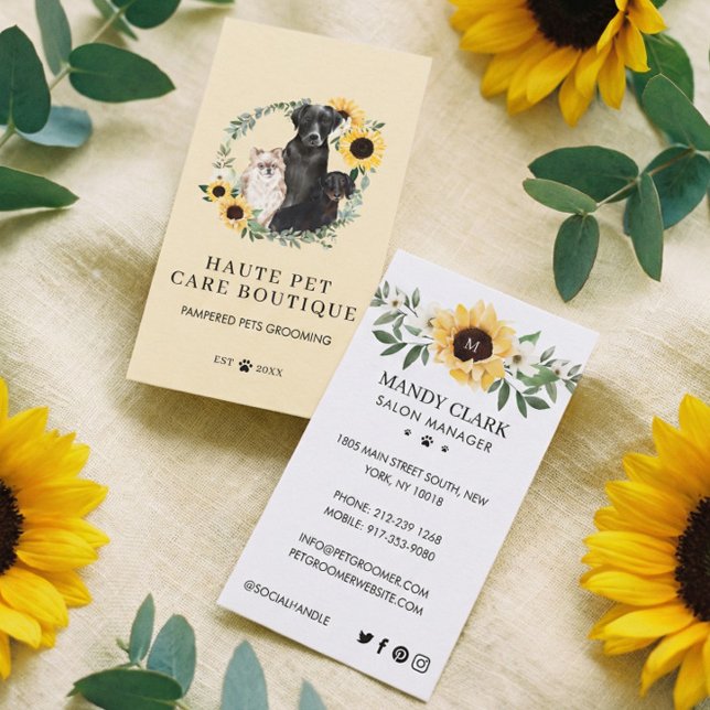 Wasserfarben Hunde Sonnenblumen Blumenkranz Pflege Visitenkarte (Veterinarian Dogs Sunflower Floral Wreath Pet Care Business Card)