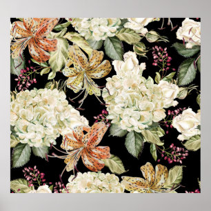 Wasserfarben-Hydrangeas-Lilien: Blumenmuster Poster