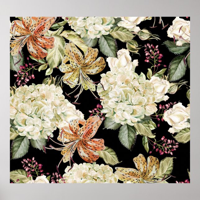 Wasserfarben-Hydrangeas-Lilien: Blumenmuster Poster (Vorne)