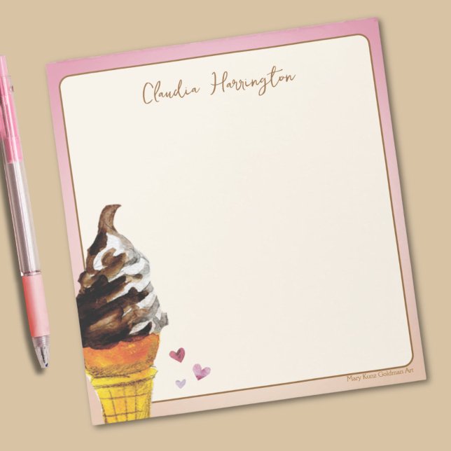 Wasserfarben Ice Creme Cone Personalisiertes Gesch Notizblock (This colorful ice cream notepad features my own vivid watercolor of a chocolate vanilla twist cone.)