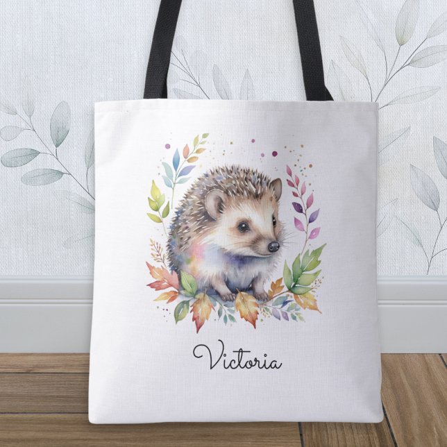 Wasserfarben-Igel-Waldtier personalisiert (A personalized tote bag with illustration of a cute hedgehog and leaves, in a watercolor style)