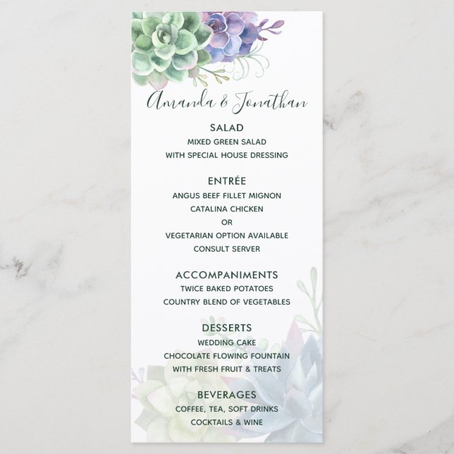 Wasserfarben-Kakteen Succulents Wedding Menu Menükarte (Vorderseite)