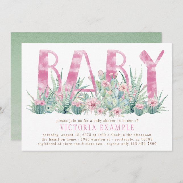 Wasserfarben-Kaktus Sukkulent Baby Girl Dusche Einladung (Vorne/Hinten)