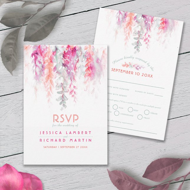 Wasserfarben Kaskade Hochzeit Salbei grüne Koralle RSVP Karte (Von Creator hochgeladen)