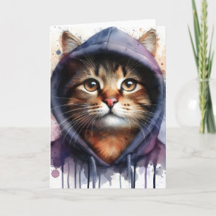 Wasserfarben-Katze in blauem lila Hoodie-Spritzbla Karte