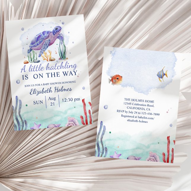 Wasserfarben-Kinderdusche Einladung (Watercolor Nautical Turtle Baby Shower Invitation on a sunny white dry palm leaf.)