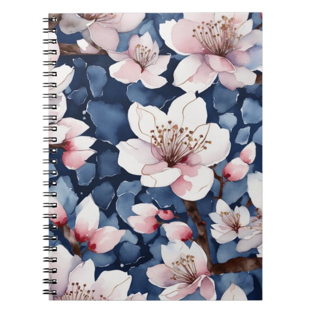Wasserfarben Kirschblüten Floral Navyblau Elegant  Notizblock (Vorderseite)