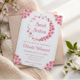 Wasserfarben-Kirschblüten-Kranz Sweet 16 Einladung