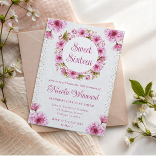 Wasserfarben-Kirschblüten-Kranz Sweet 16 Einladung