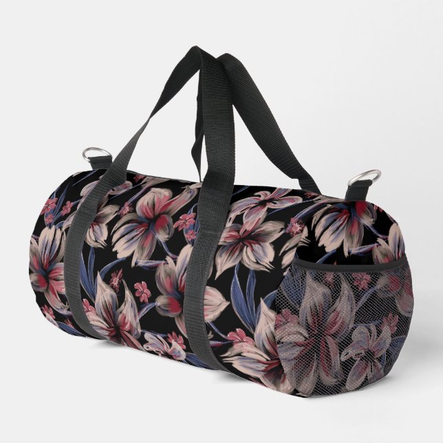 Wasserfarben Krimson Floral auf schwarz Duffle Bag (Rechte Ecke)