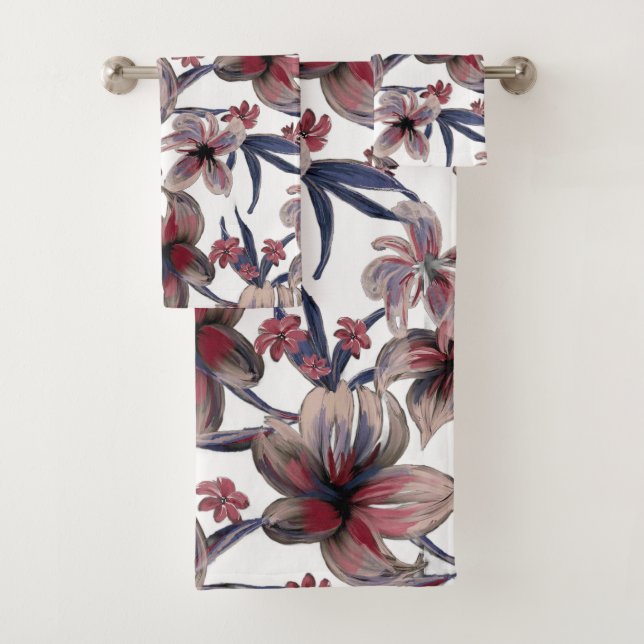 Wasserfarben Krimson Floral auf Weiß Badhandtuch Set (Insitu)