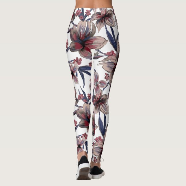 Wasserfarben Krimson Floral auf Weiß Leggings (Rückseite)