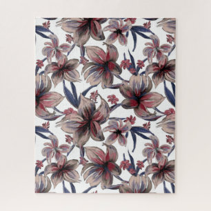Wasserfarben Krimson Floral auf Weiß Puzzle