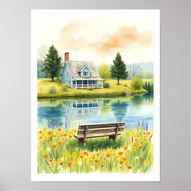 Wasserfarben-Kunstprint Cottage am See Poster (Vorne)