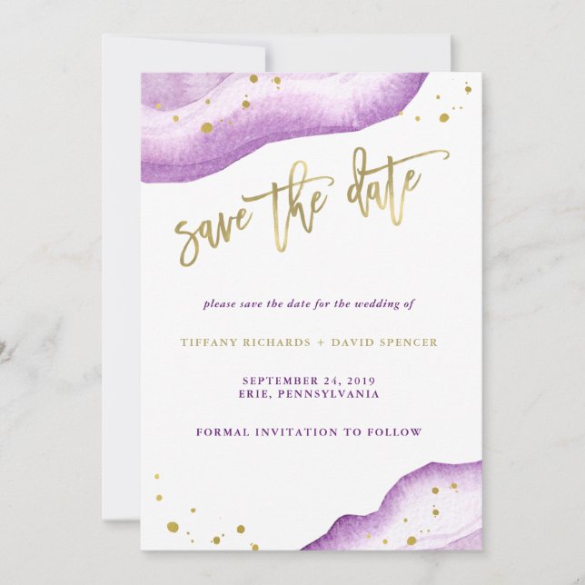 Wasserfarben-Lavendel und Goldgeode Save the Date (Vorderseite)
