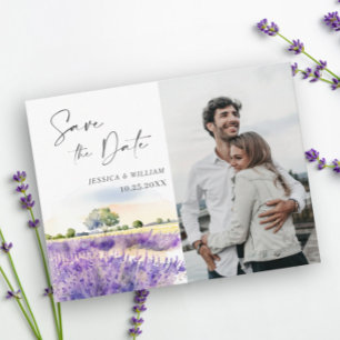 Wasserfarben-Lavendelfeld Hochzeit Speichern Sie d Postkarte