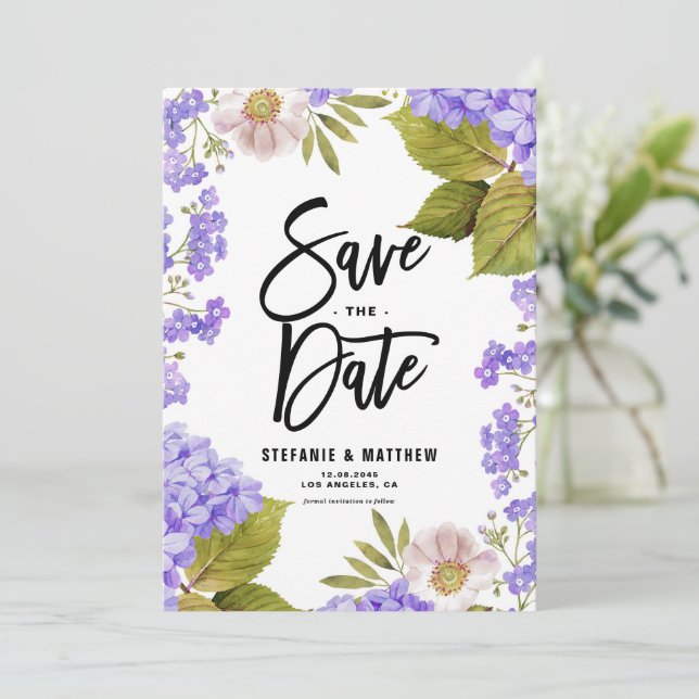 Wasserfarben Lavender Hydrangea Floral Save The Date (Stehend Vorderseite)