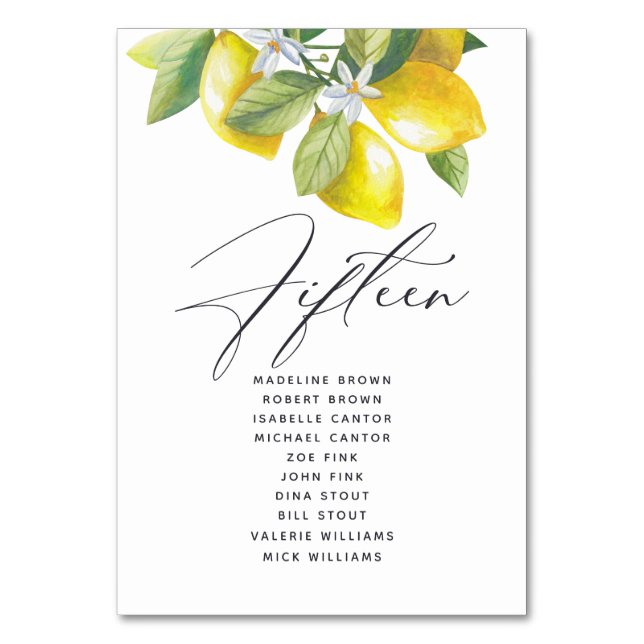 Wasserfarben-Lemon-Blossom-Sitekartenzahl Tischnummer (Vorderseite)